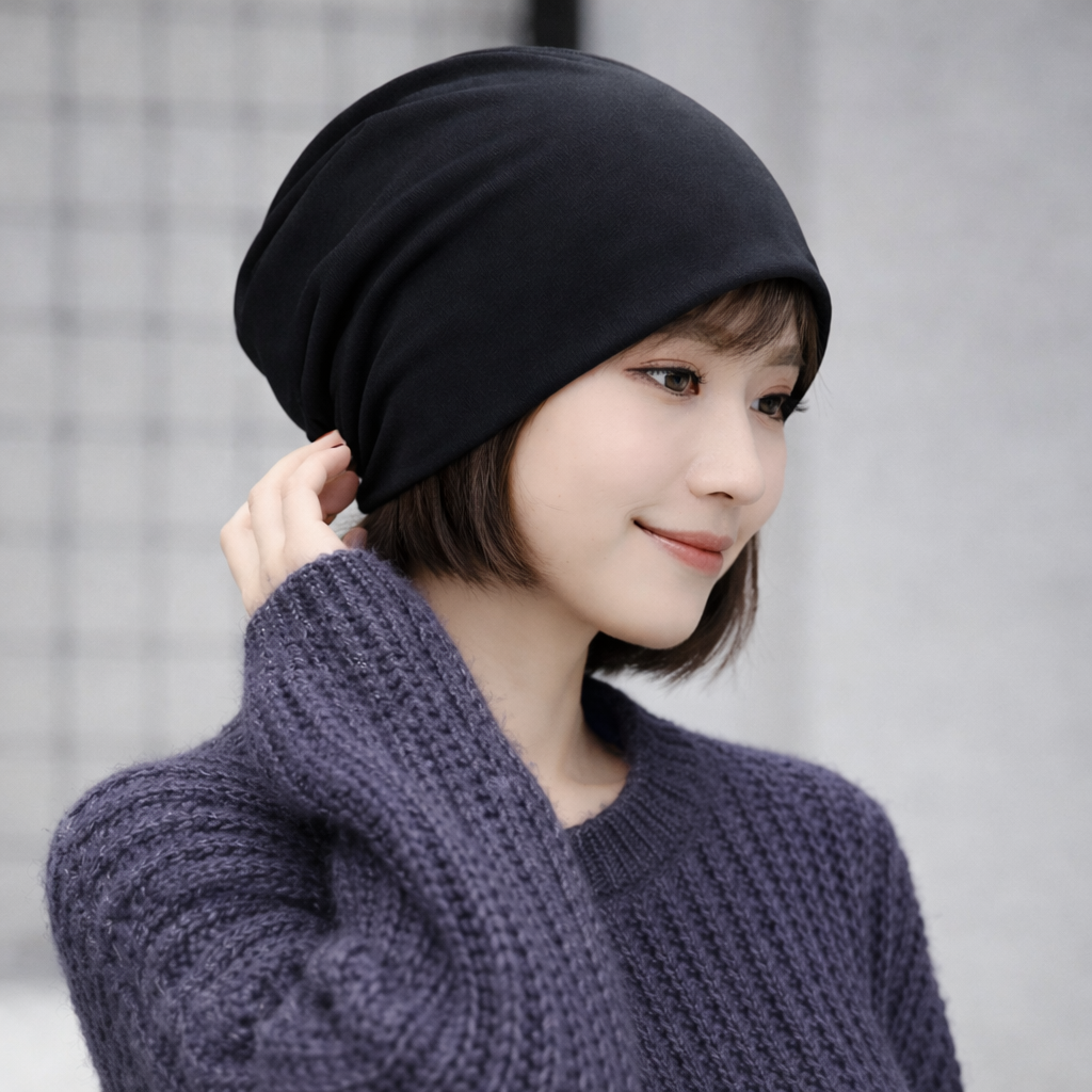 黑色薄款透氣綿化療帽